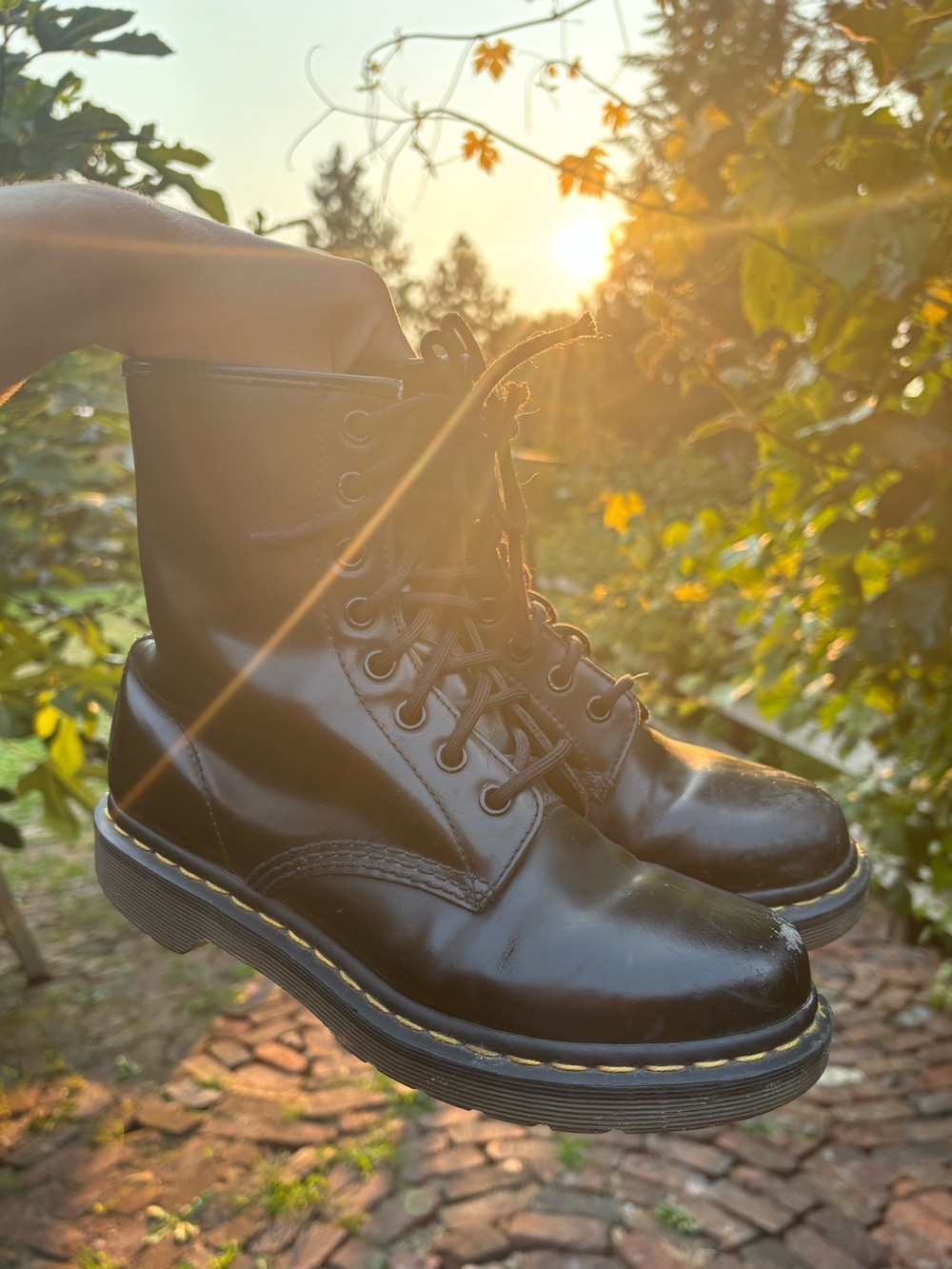 Dr. Martens Black Lace-Up Combat Boots with Yellow Stitching